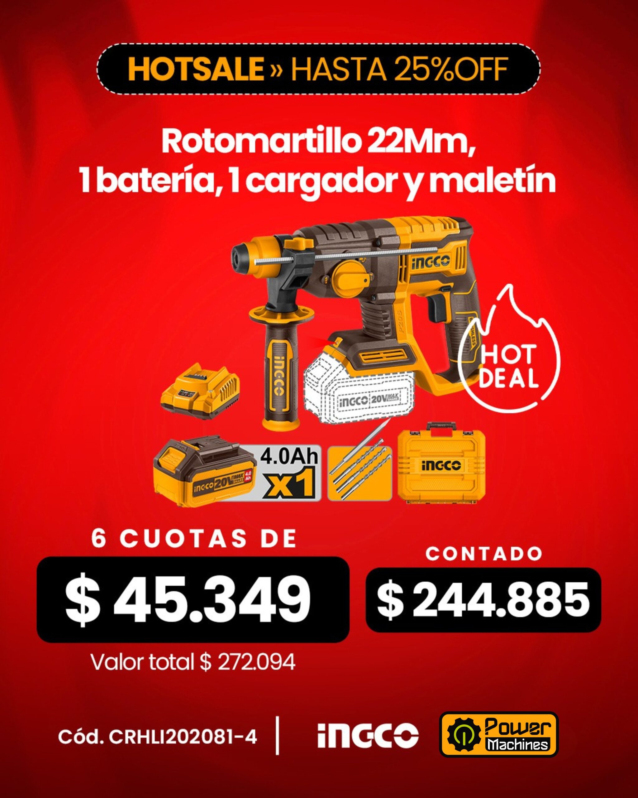 CARGADOR BATERIA 20V 4.0 AH IND-TOTAL TFCLI20411-4