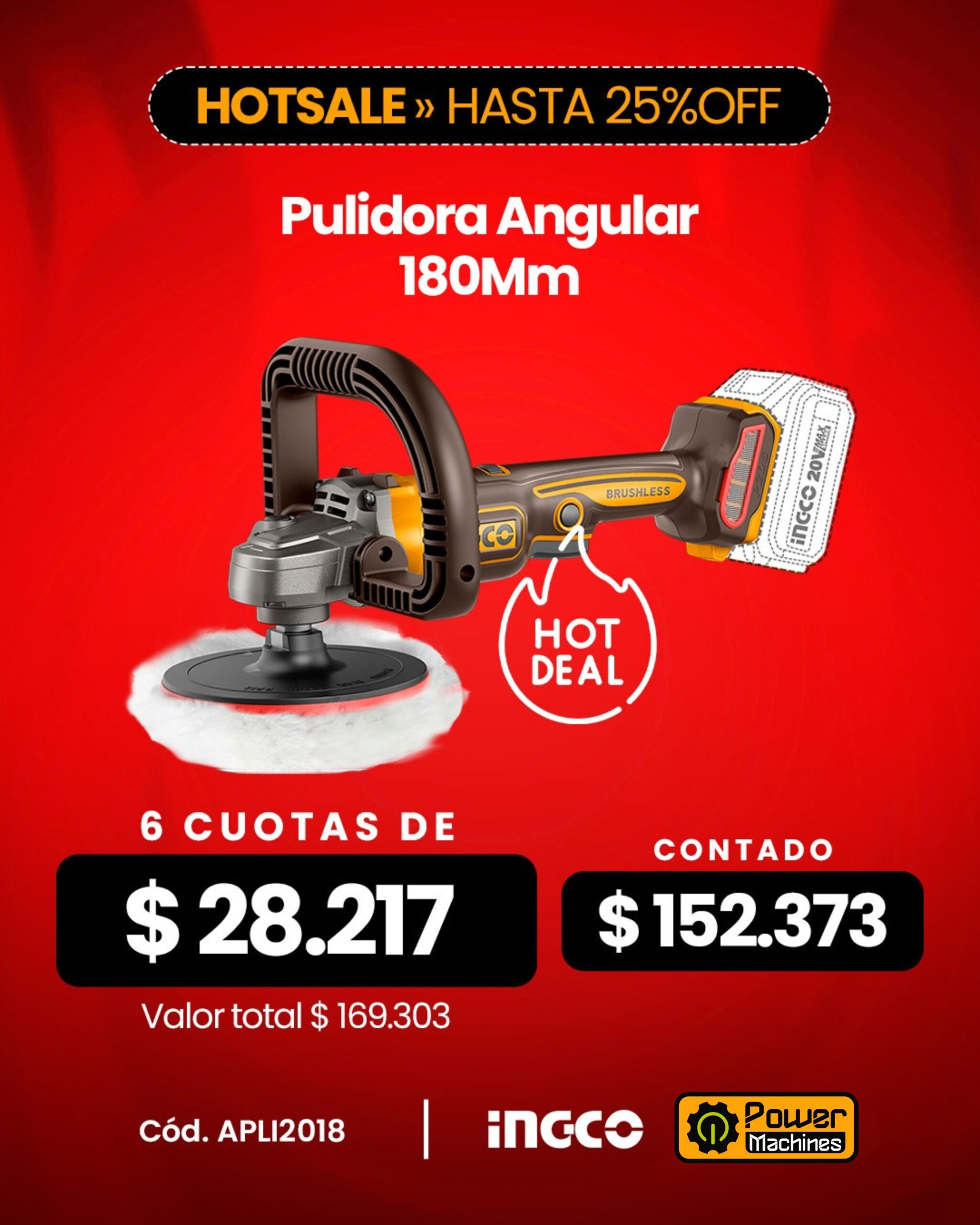 PULIDORA 7'' / 180MM 20V BL 2500RPM-INGCO APLI2018