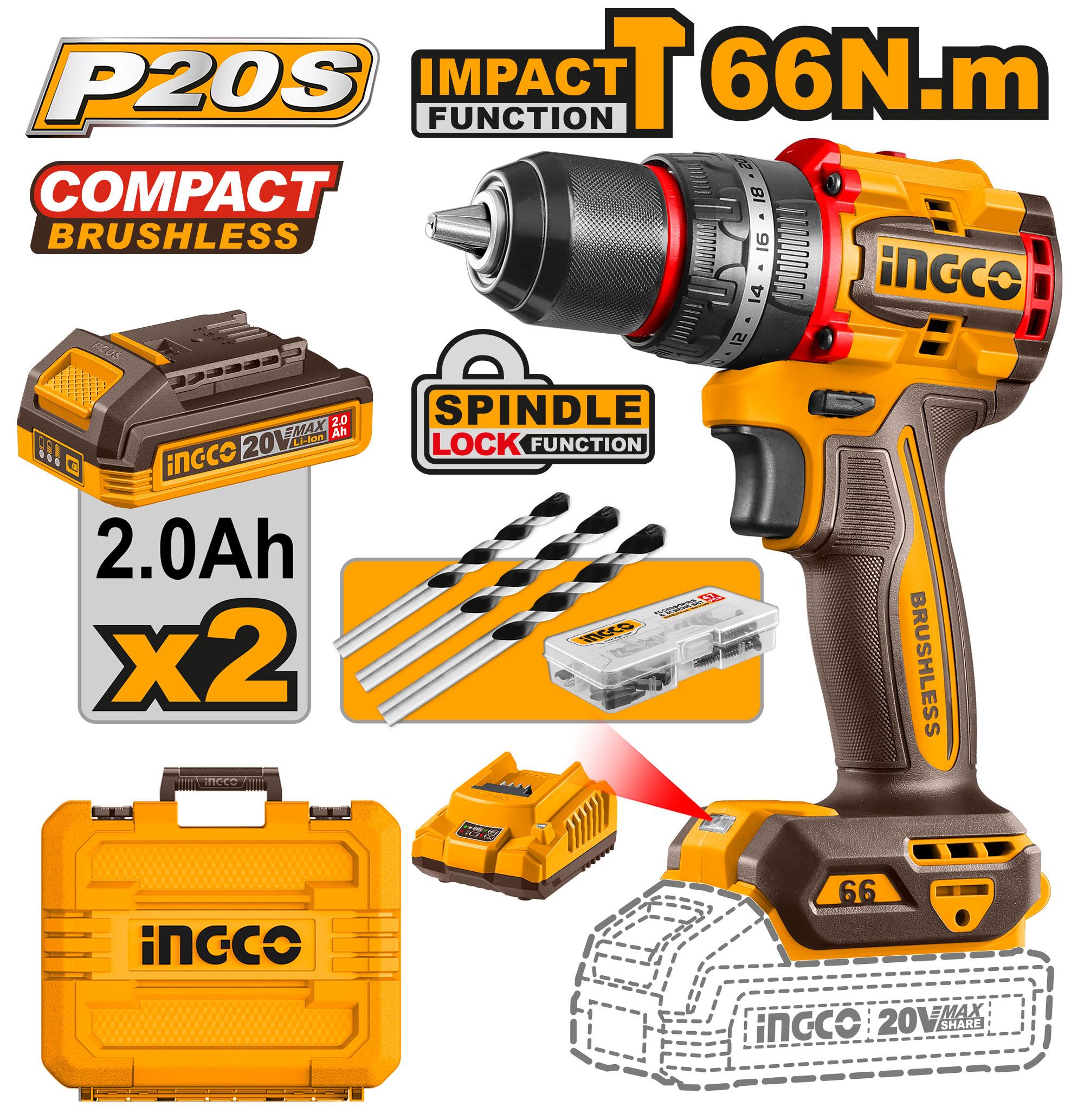 TALADRO ATORNILLADOR 20V PERCUTOR 66NM CON KIT-INGCO CIDLI20668-4 - Imagen 3