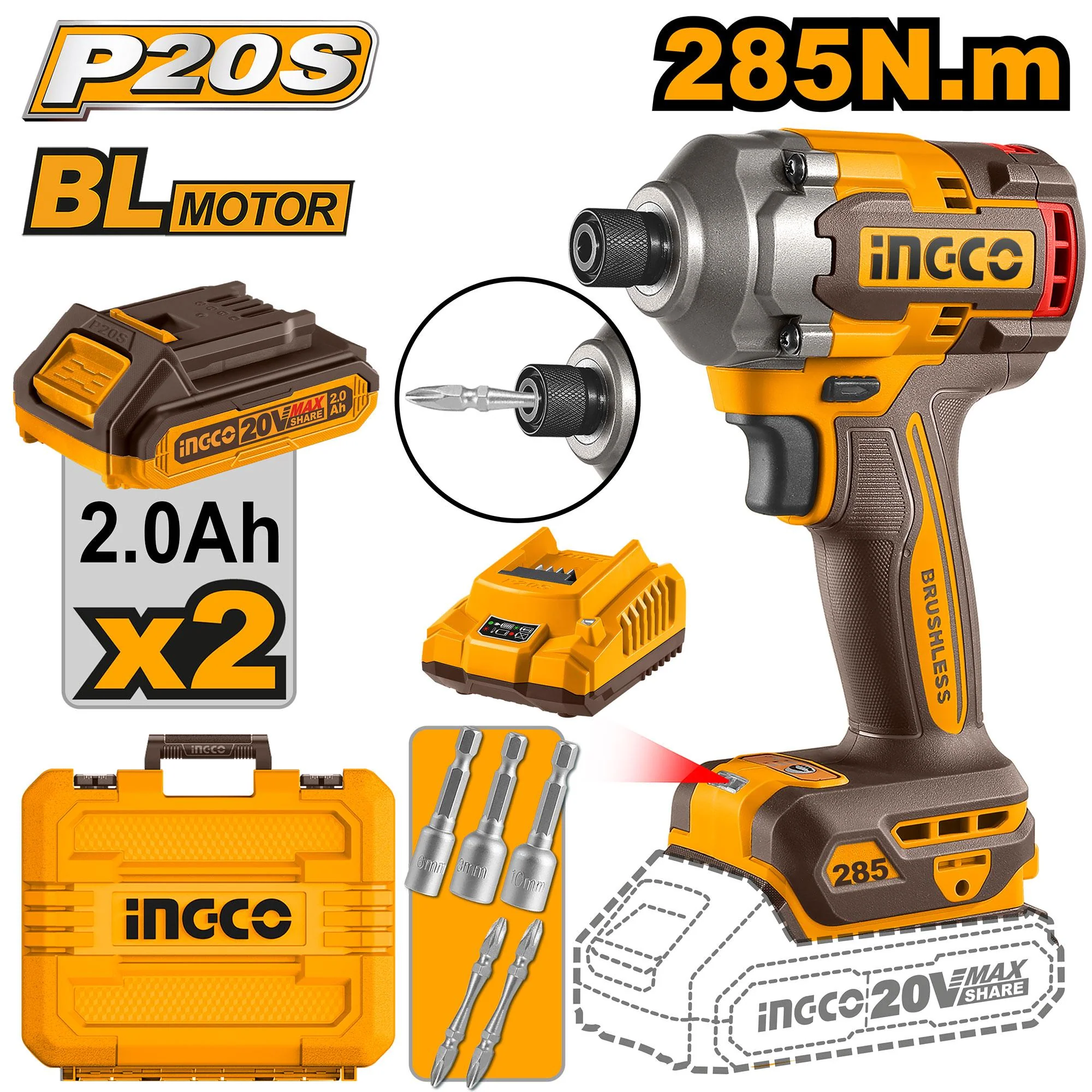 ATORNILLADOR DE IMPACTO HEX 1/4 285NM 20V C/KIT (MALETIN)-INGCO CIRLI2028-4 - Imagen 2