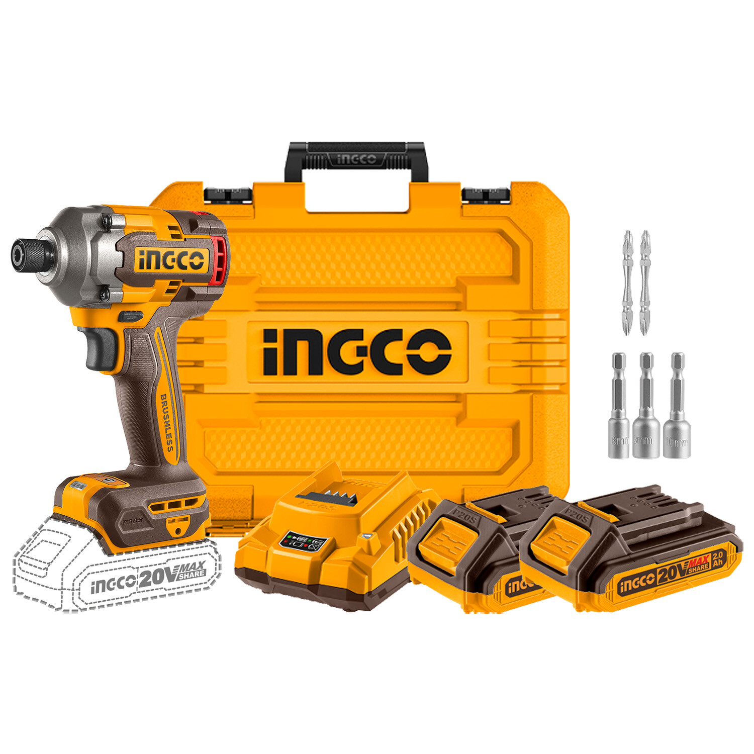 ATORNILLADOR DE IMPACTO HEX 1/4 285NM 20V C/KIT (MALETIN)-INGCO CIRLI2028-4