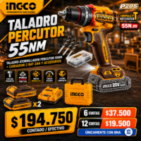 TALADRO ATORNILLADOR 20V PERCUTOR 55NM CON KIT-INGCO CIDLI20558-4