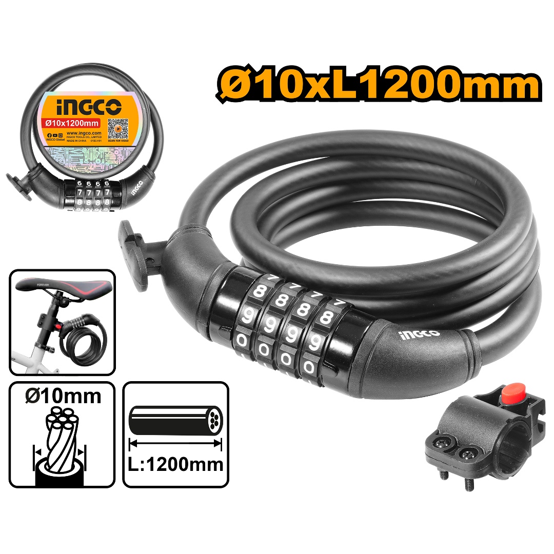 ESLINGA P/BICICLETA C/COMBINACION 10MM LARGO 1.2M-INGCO DBK21012