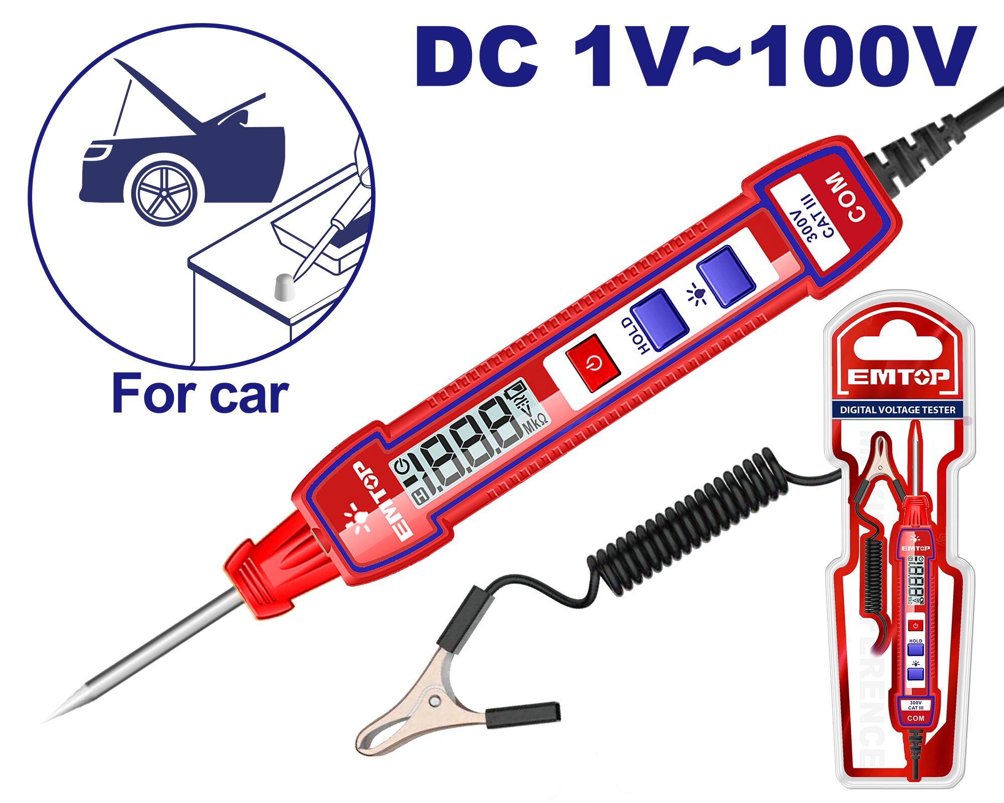 TESTER DE PRUEBA AUTOMOTOR DC 1-100V LCD ALARMA SONORA - EMTOP ETPL41001