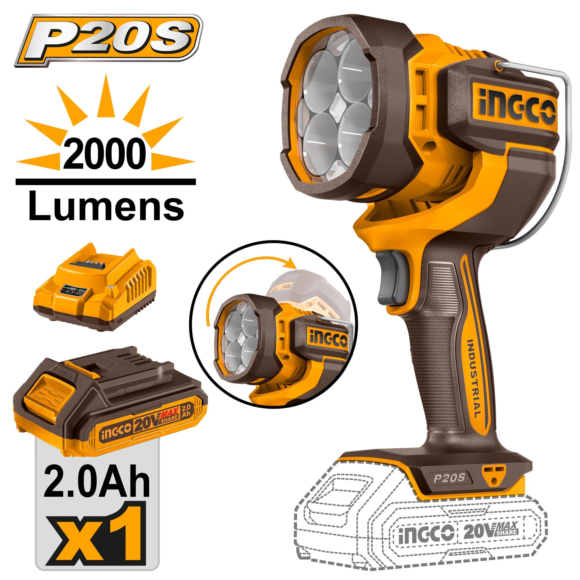 LINTERNA PORTATIL 20V 2000 LUM CON KIT INGCO CWLI20881-4