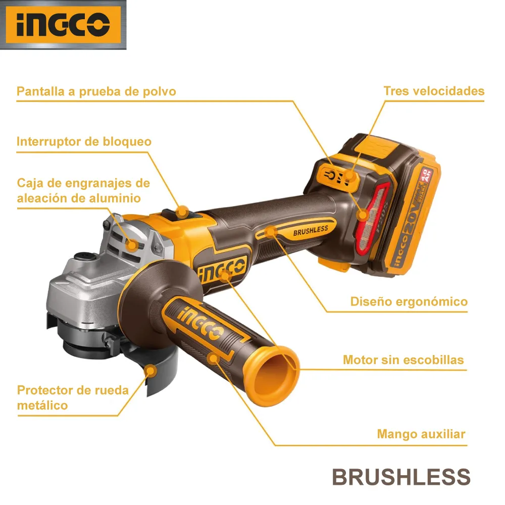 AMOLADORA ANG 4 1/2" / 115MM 20V 900W C/KIT-INGCO CAGLI211542-4 - Imagen 2