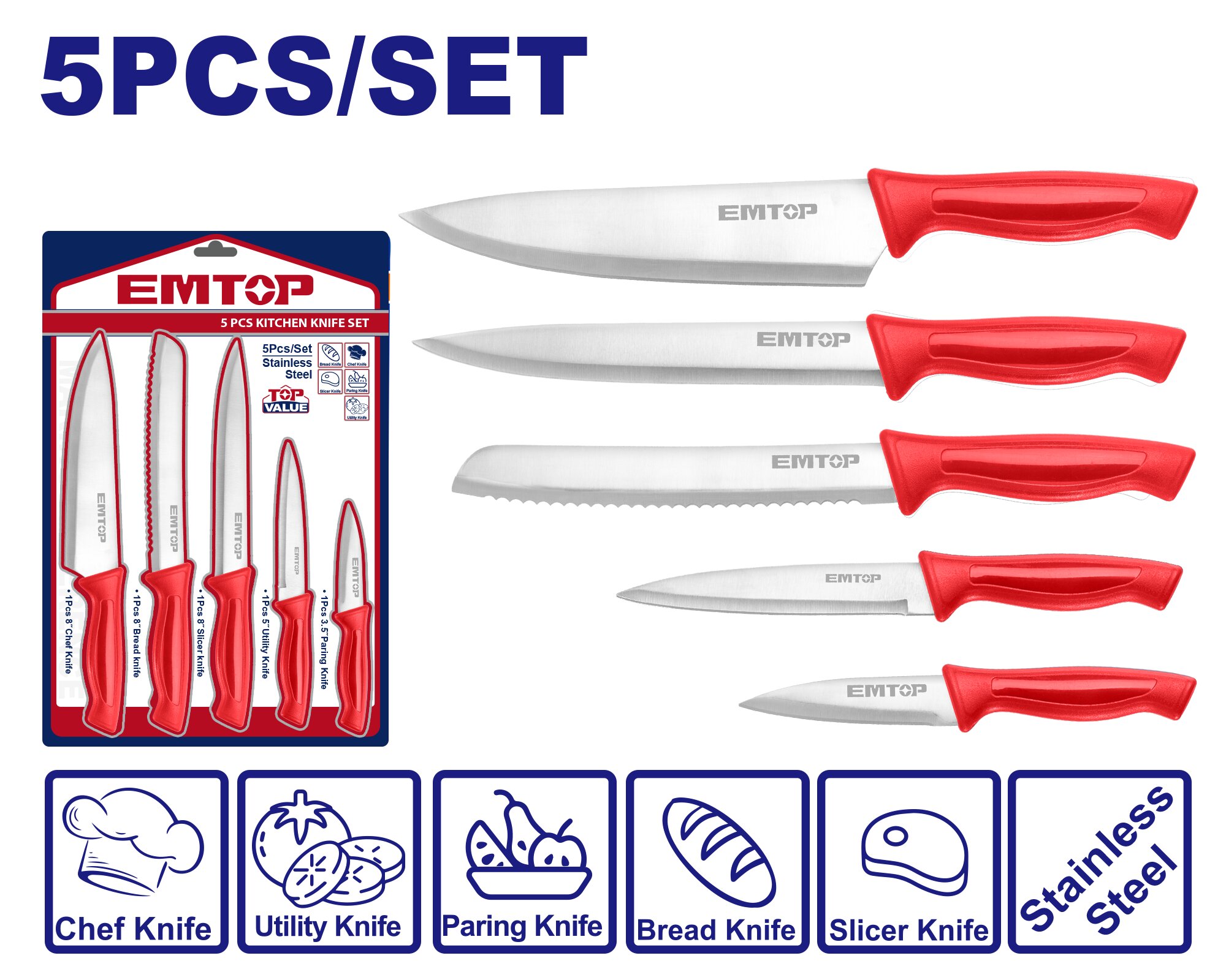 CUCHILLO COCINA SET X 5PCS ACERO INOXIDABLE -EMTOP EMKK1K51