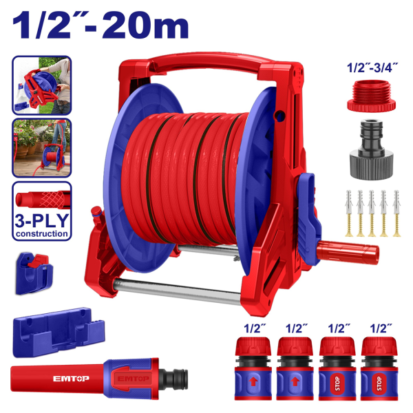 PORTA ROLLO CON MANGUERA 20MTS CON PICOS-EMTOP EHHR20124