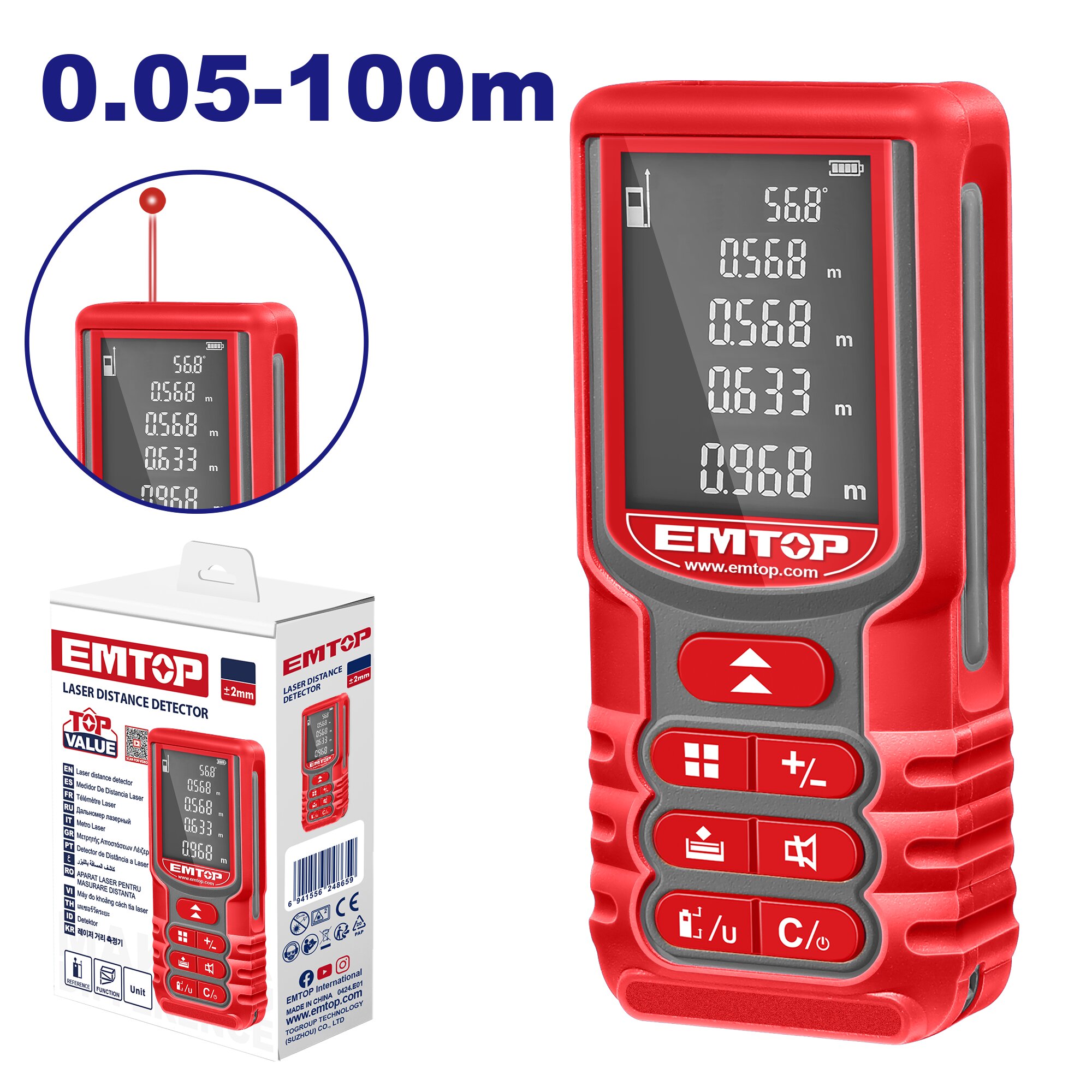 MEDIDOR DISTANCIA LASER 100MT AREA/VOLUMEN/PITAGORAS-EMTOP EMDL1520