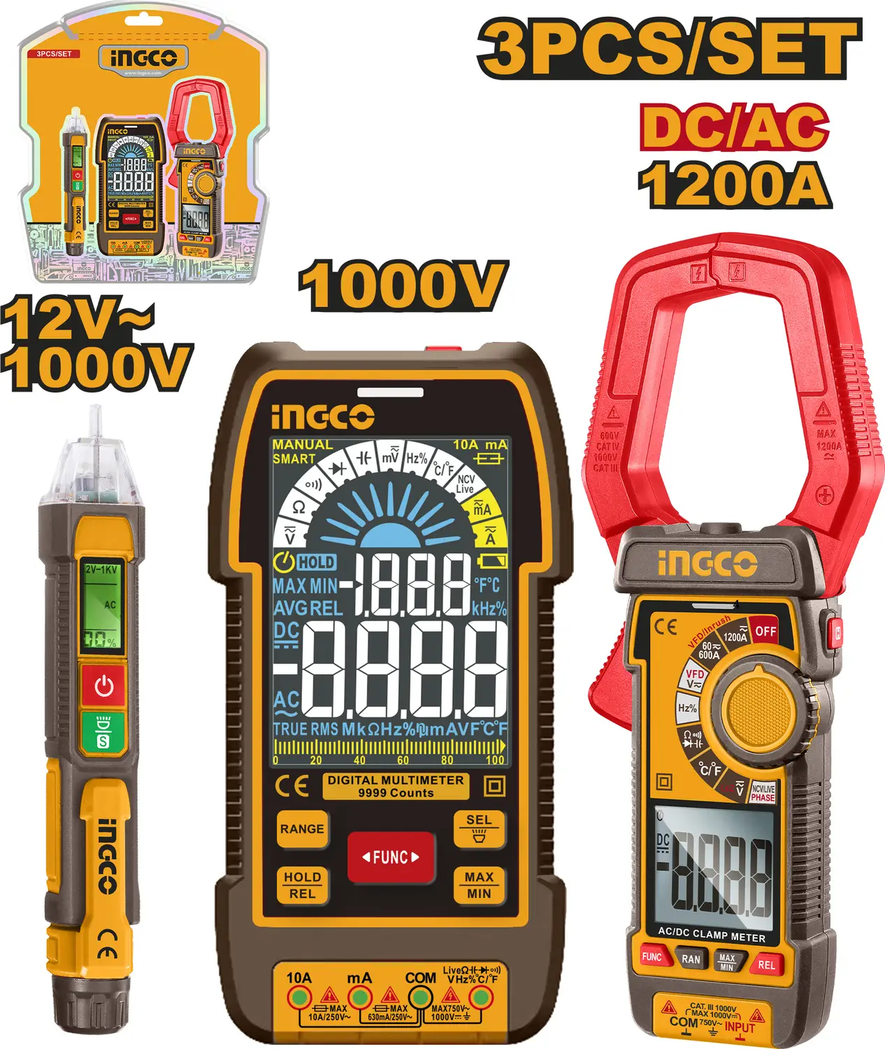 COMBO MULTIMETRO DIGITAL+PINZA+MEDIDOR VOLT-INGCO COS24069