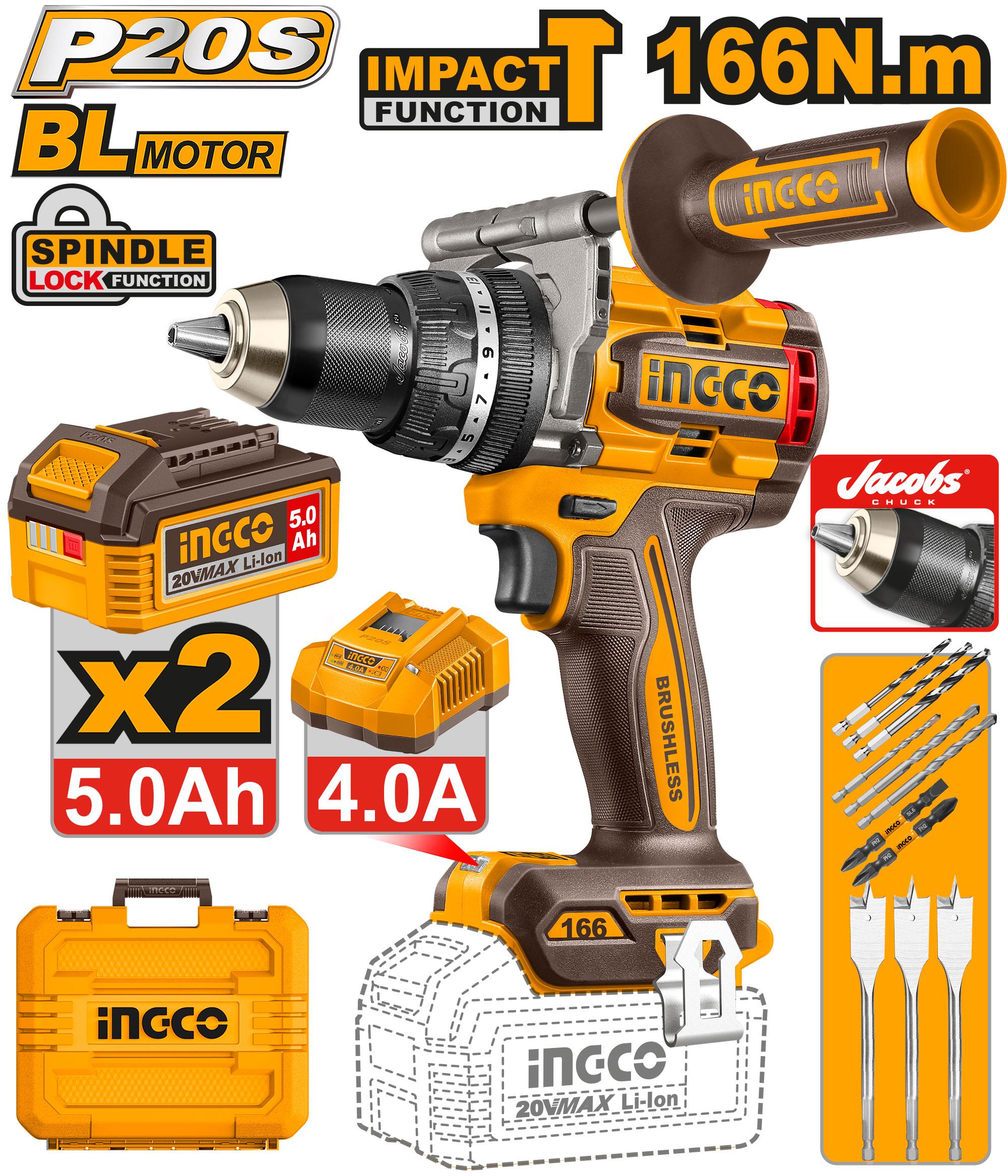 TALADRO ATORNILLADOR 20V PERCUTOR 166NM 13MM CON KIT - INGCO CIDLI201668-4