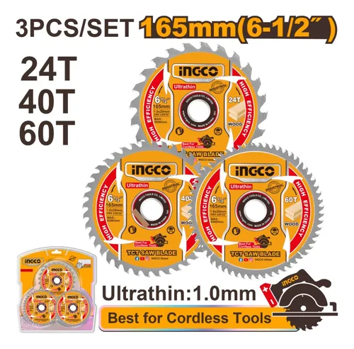 DISCOS WIDIA SIERRA CIRCULAR 165MM(24-40-60T) X 3PCS -INGCO-TSB16503