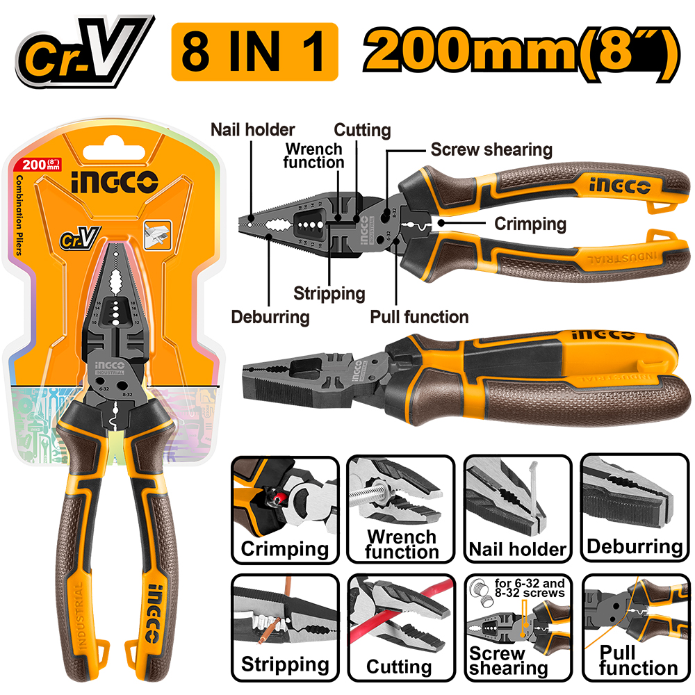 ALICATE CORTE DIAGONAL 8 FUNCIONES EN 1 8'' /200MM-INGCO HMFDCP28200