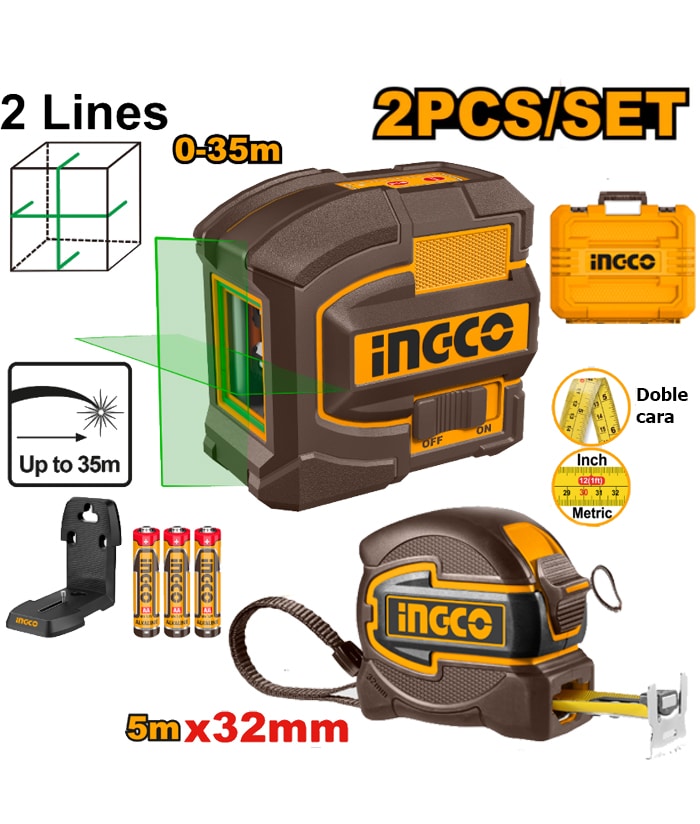COMBO NIVEL LASER VERDE AUTONIVELANTE 35MTS+CINTA 5MT+MALETIN - INGCO HLL680081