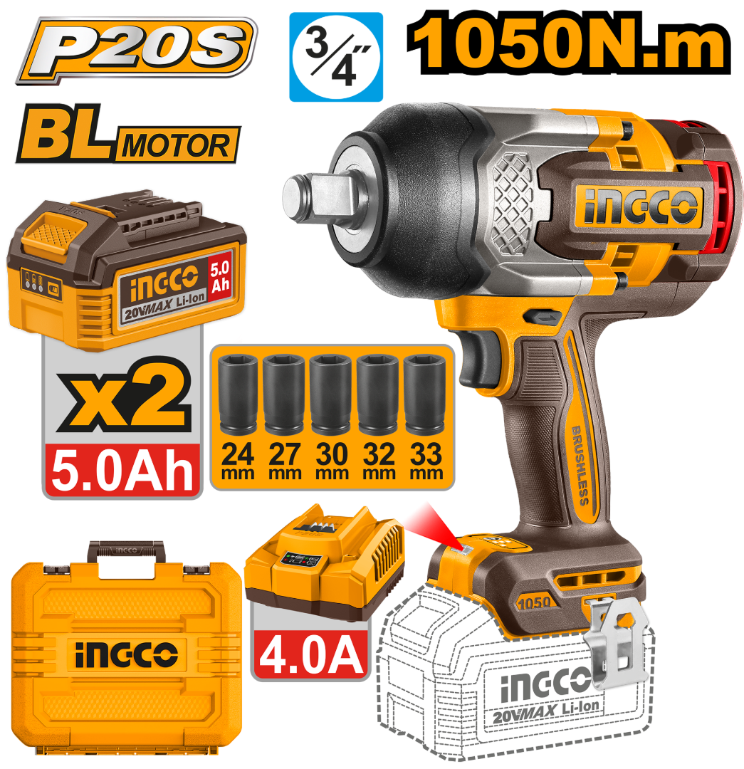 LLAVE DE IMPACTO 3/4 1050NM 20V BL CON KIT-INGCO CIWLI20105-4