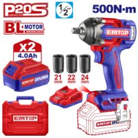 LLAVE DE IMPACTO 1/2 500NM 20V CARGADOR 2AH BAT4 X2-EMTOP ECIWL2050-4