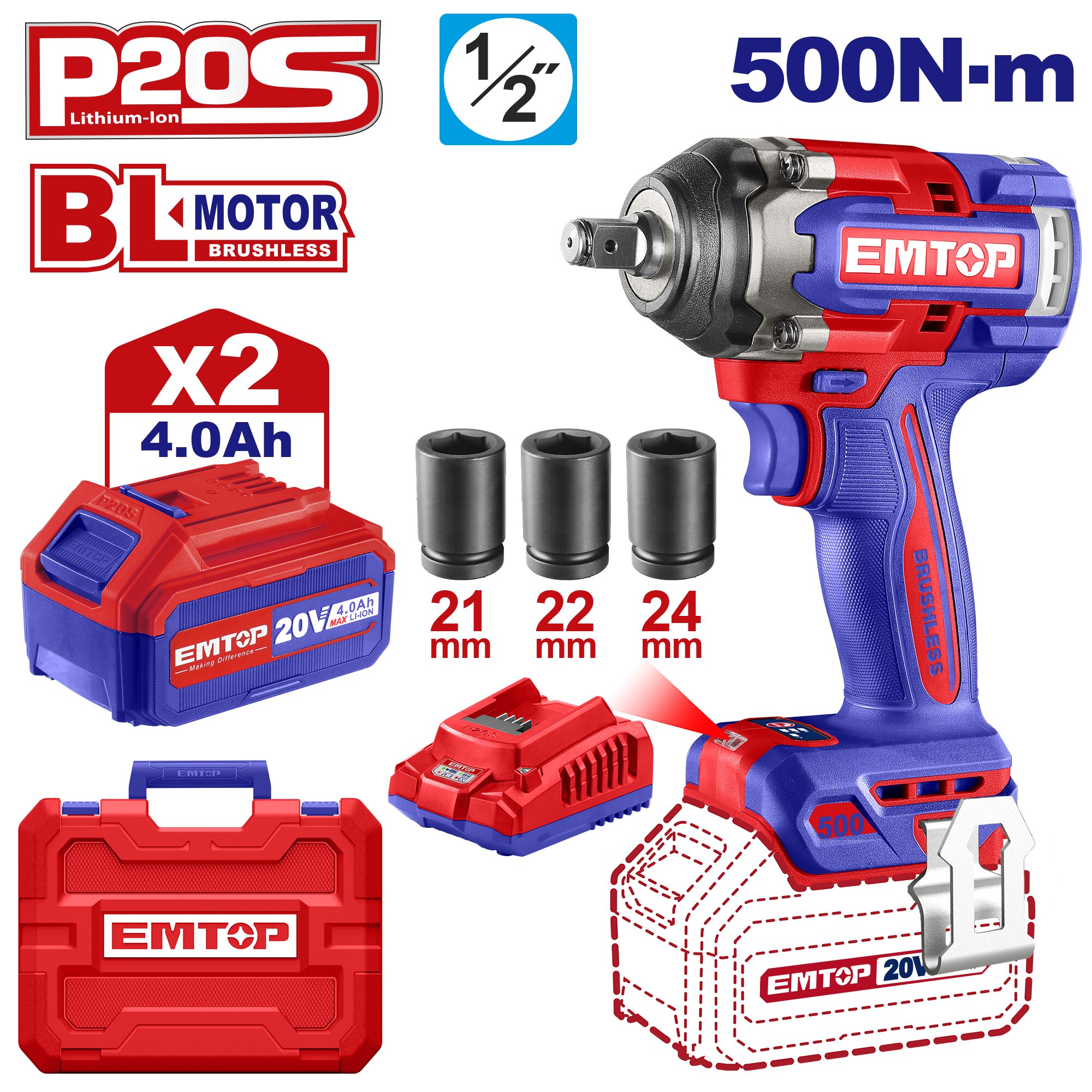 LLAVE DE IMPACTO 1/2 500NM 20V CARGADOR 2AH BAT4 X2-EMTOP ECIWL2050-4