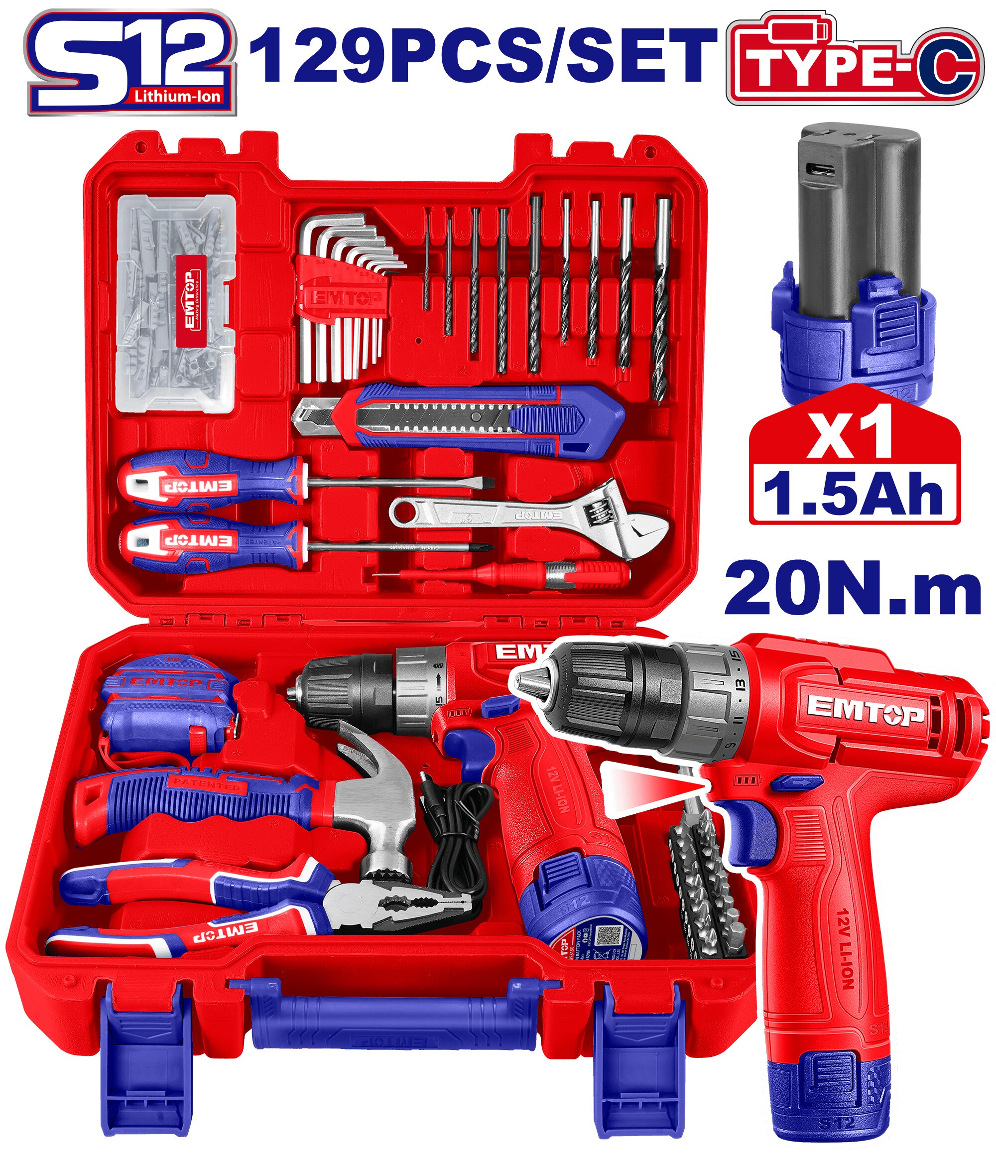 CAJA HERRAMIENTAS CON TALADRO 12V 20NM X129PCS MALETIN - EMTOP EEDK12901