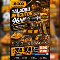 PROMO!!! TALADRO PERCUTOR 96NM, CARGADOR, BATERIA, BOLSO INGCO