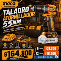 PROMO!!! TALADRO SIN PERCUTOR 55NM, CARGADOR, BATERIA, BOLSO INGCO