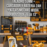 COMBO PROMO!!! TALADRO SIN PERCUTOR 55NM, CARGADOR, BATERIA 2AH, MECHAS, BOLSO INGCO