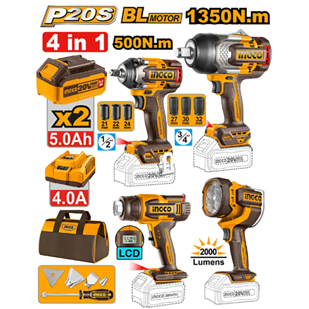 COMBO LLAVES IMPACTO 500NM Y 1350NM+PISTOLA DE CALOR+LAMPARA 2000LM - INGCO COSLI241293-4
