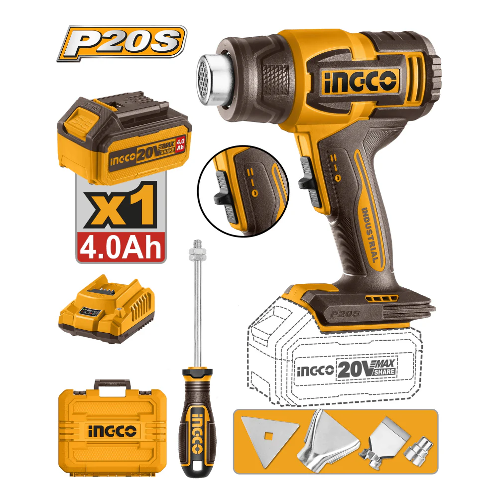 PISTOLA DE CALOR 20V CON KIT-INGCO HGLI20065-4