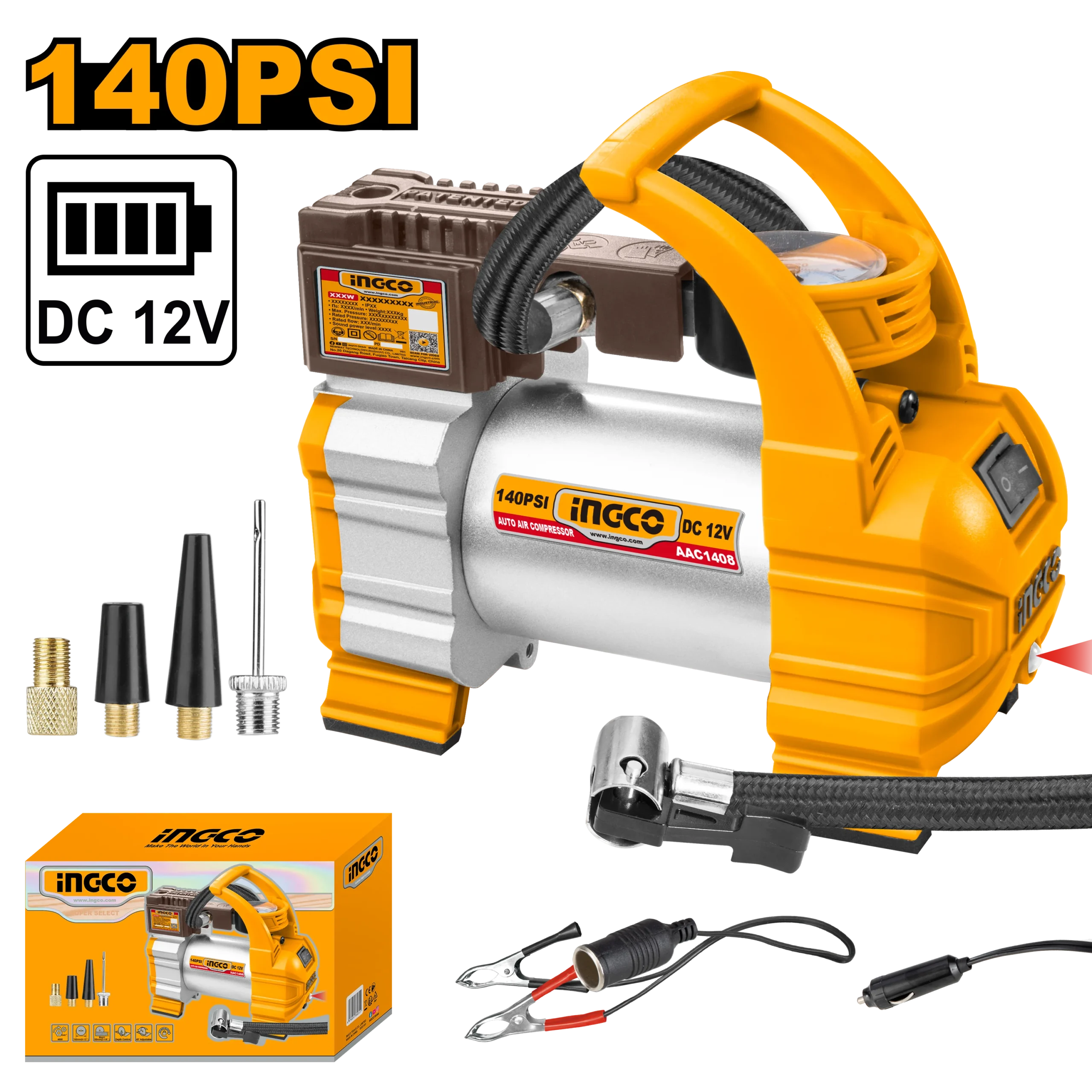 COMPRESOR DE AIRE PORTATIL ENCHUFE 12V 140PSI INGCO AAC1408