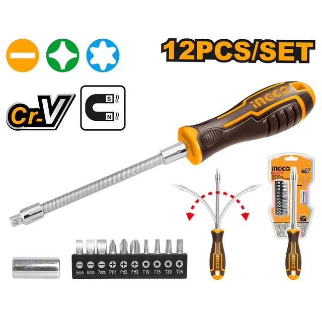 DESTORNILLADOR EJE FLEXIBLE X12 PCS-INGCO AKSDFL1208