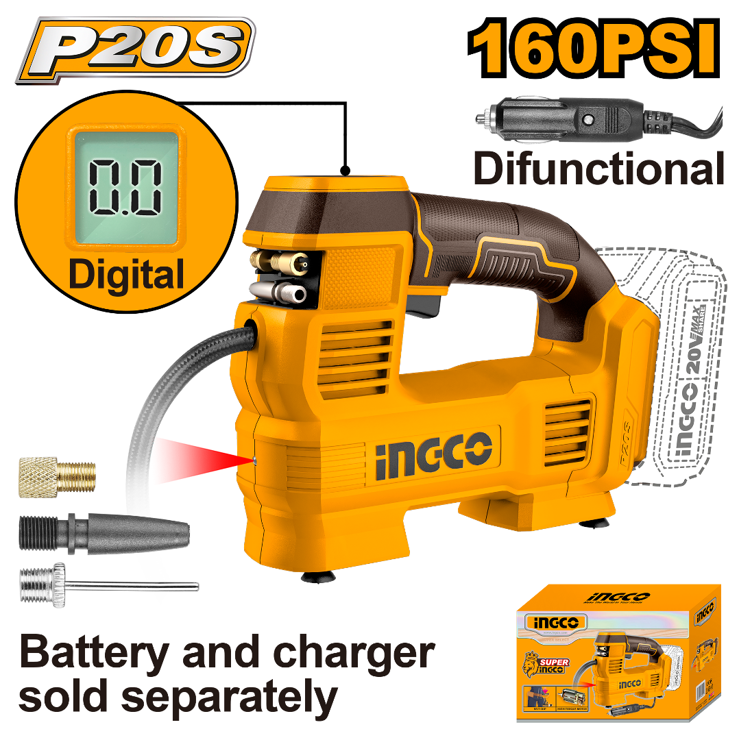 COMPRESOR- INFLADOR DE AIRE 160PSI 20V/12V-INGCO CACLI2012