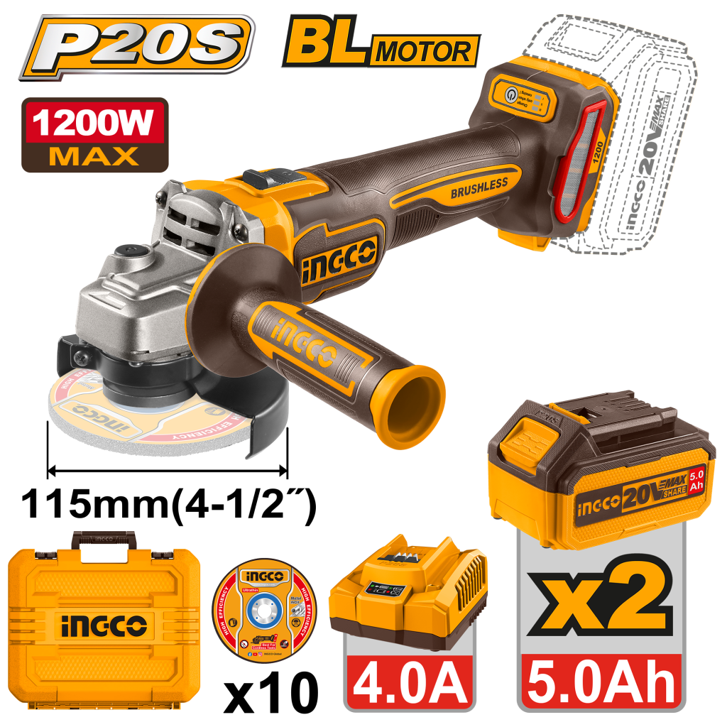 AMOLADORA ANG 4 1/2° / 115MM 20V 1200W C/KIT-INGCO CAGLI2211532-4 - Imagen 2