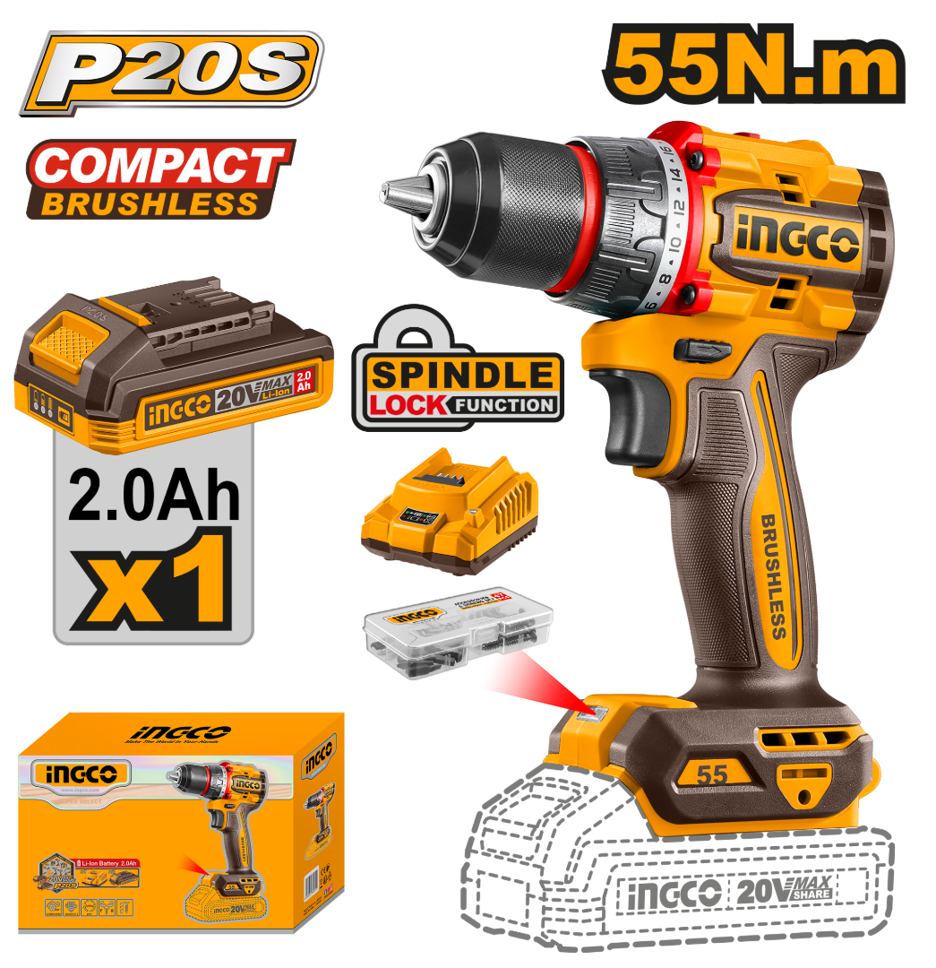 TALADRO ATORNILLADOR COMPACTO 13MM 55NM 20V CON KIT-INGCO CDLI205582-4 - Imagen 2