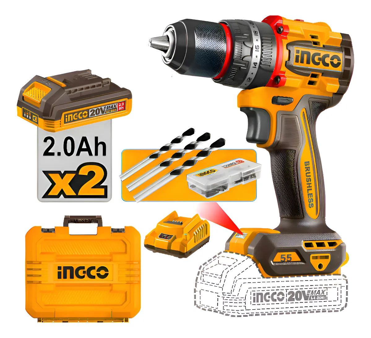 TALADRO ATORNILLADOR 20V PERCUTOR 55NM CON KIT-INGCO CIDLI20558-4 - Imagen 2