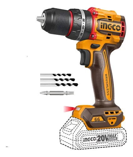 TALADRO ATORNILLADOR 20V PERCUTOR 66NM CON KIT-INGCO CIDLI20668-4