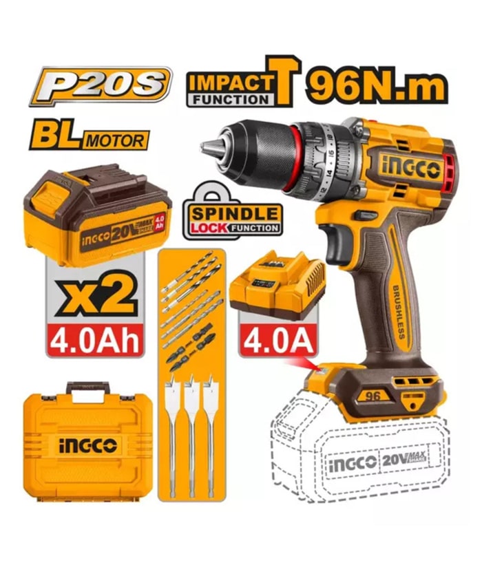 TALADRO ATORNILLADOR 20V PERCUTOR 96NM CON KIT-INGCO CIDLI20968-4 - Imagen 2