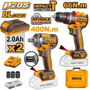 COMBO TALADRO PERCUTOR 66NM+LLAVE DE IMPACTO 400NM -INGCO CKLI20275-4