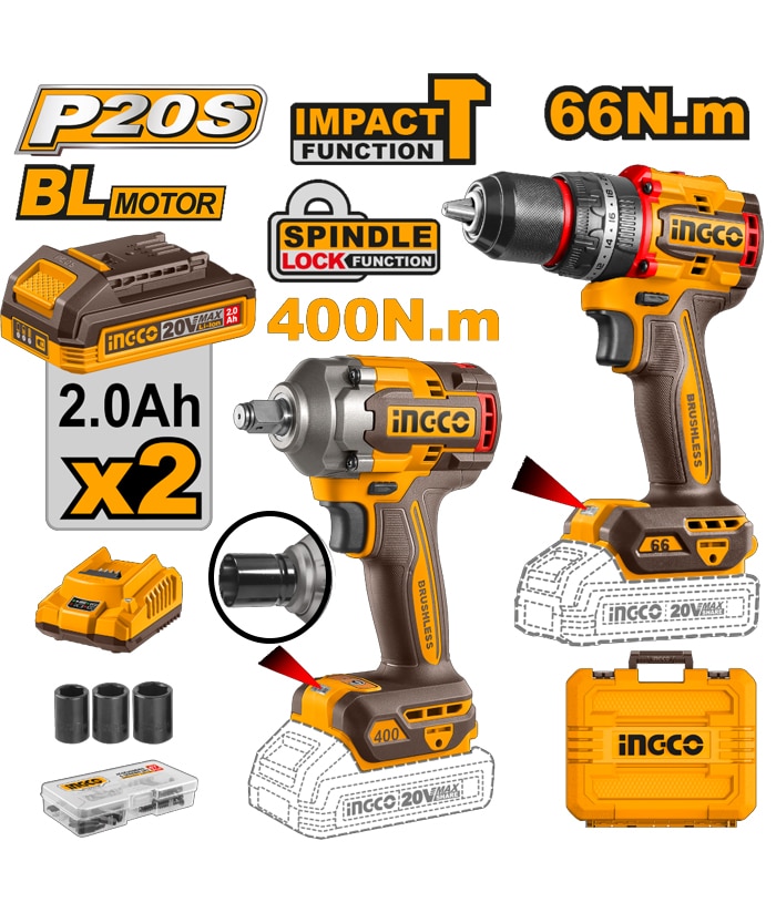 COMBO TALADRO PERCUTOR 66NM+LLAVE DE IMPACTO 400NM -INGCO CKLI20275-4
