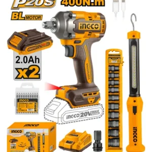 COMBO LLAVE DE IMPACTO 400NM+LINTERNA+KIT DE TUBOS DE IMPACTO-INGCO COSLI23048-4