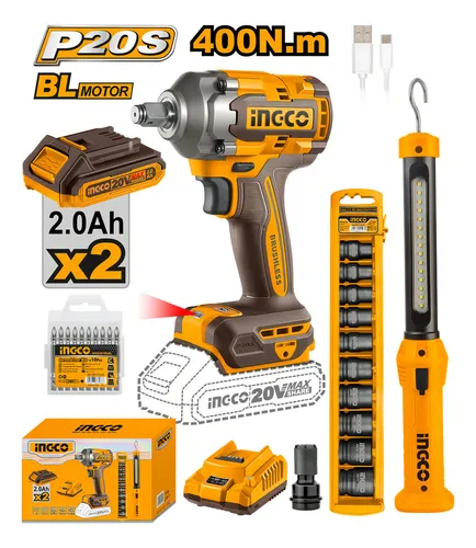 COMBO LLAVE DE IMPACTO 400NM+LINTERNA+KIT DE TUBOS DE IMPACTO-INGCO COSLI23048-4