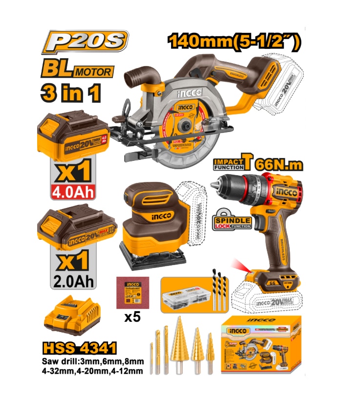 COMBO TALADRO PERCUTOR 66NM+LIJADORA 3/8+SIERRA CIRCULAR 140M-INGCO COSLI241193-4 - Imagen 2