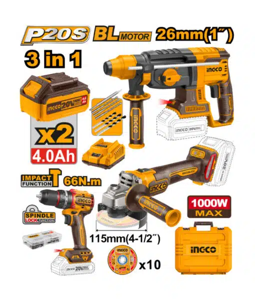 COMBO AMOLADORA 1000W 115MM+TALADRO PERCUTOR 66NM+ROTOMARTILLO 2,5J-INGCO COSLI241198-4 - Imagen 2