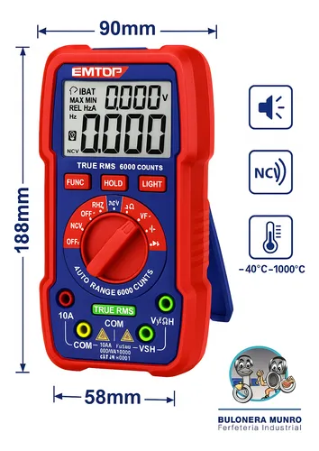 MULTIMETRO DIGITAL 1000V 6000C AUTORANGO EMTOP EDMR530004 - Imagen 2