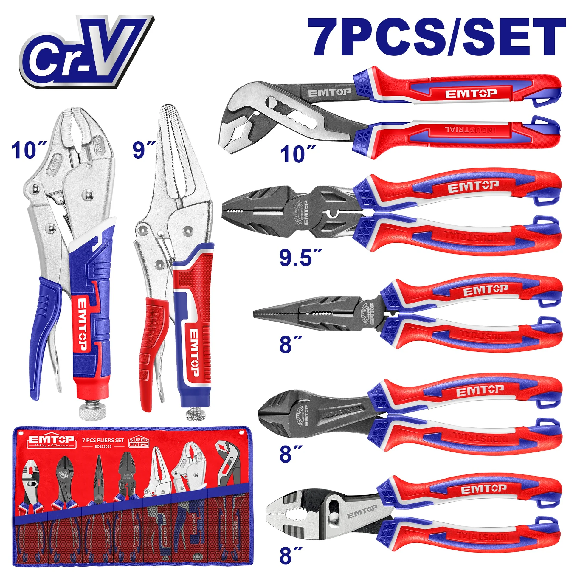 PINZAS Y ALICATES X 7 PCS CR-V CON ESTUCHE SUPER- EMTOP EOS23055