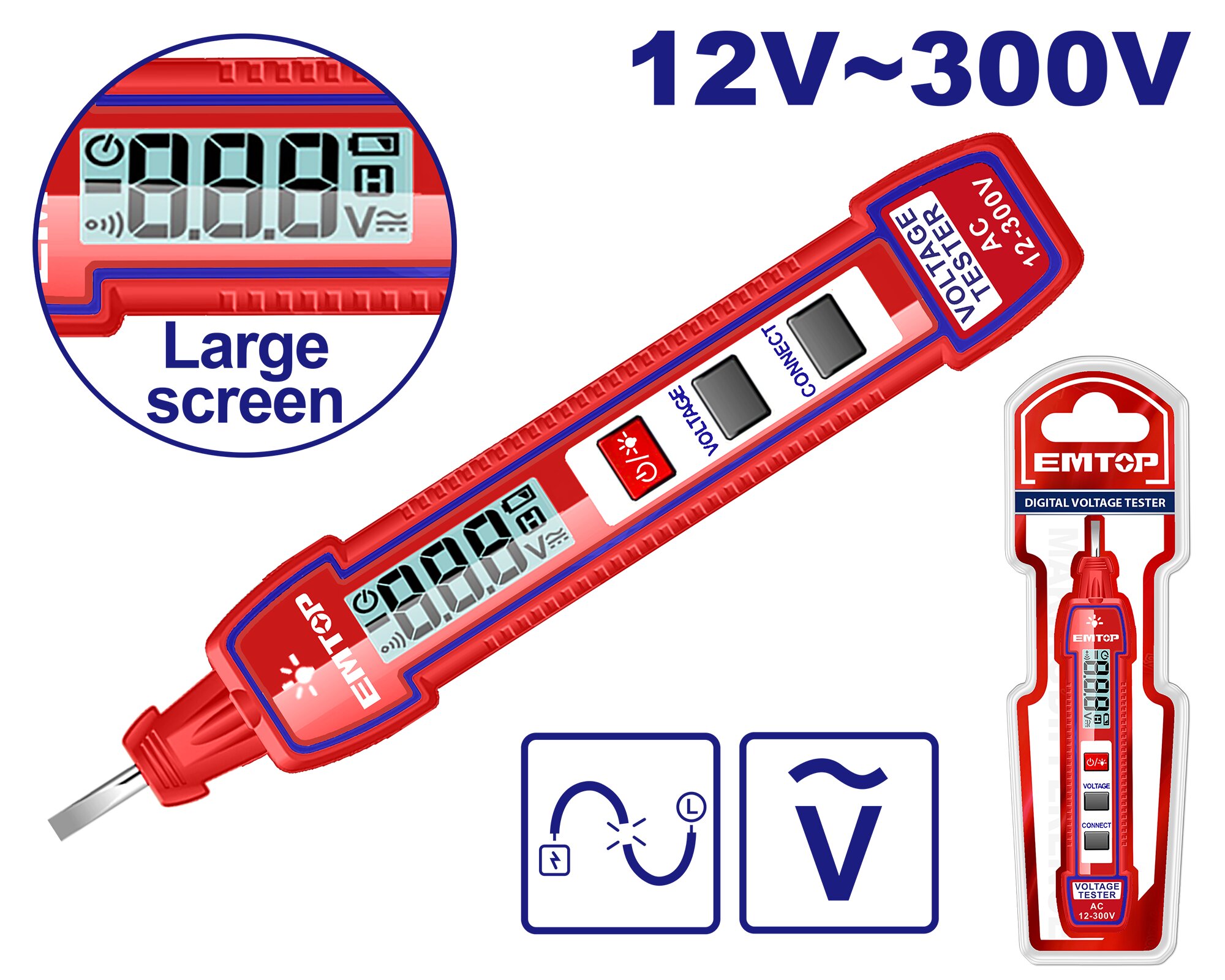 TESTER DE PRUEBA AC12-300V LCD ALARMA SONORA Y VISUAL - EMTOP ETPL33001