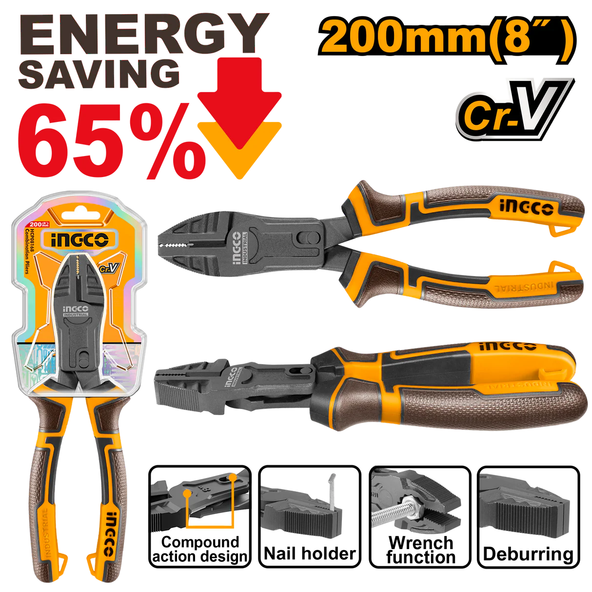 PINZA ALICATE COMBINADA 4 FUNCIONES 8° CRV INGCO HCCP58200 - Imagen 2