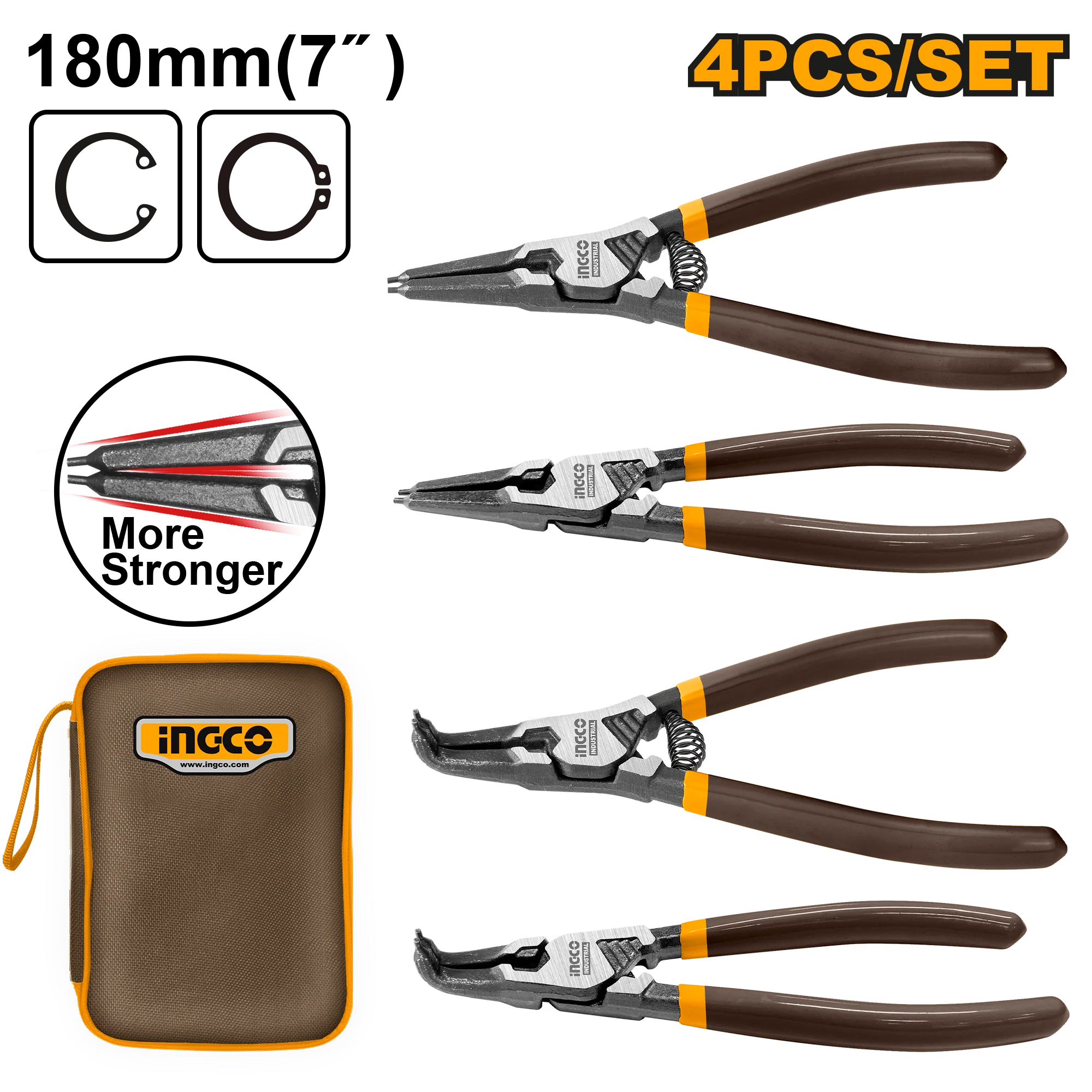 PINZA SEEGER 7'' /180MM + CARTUCHERA x 4PCS-INGCO HCCPS26180