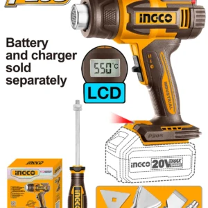 PISTOLA DE CALOR 20v TEMPERATURA Y VELOCIDAD VARIABLE+ACCESORIOS -INGCO HGLI2003
