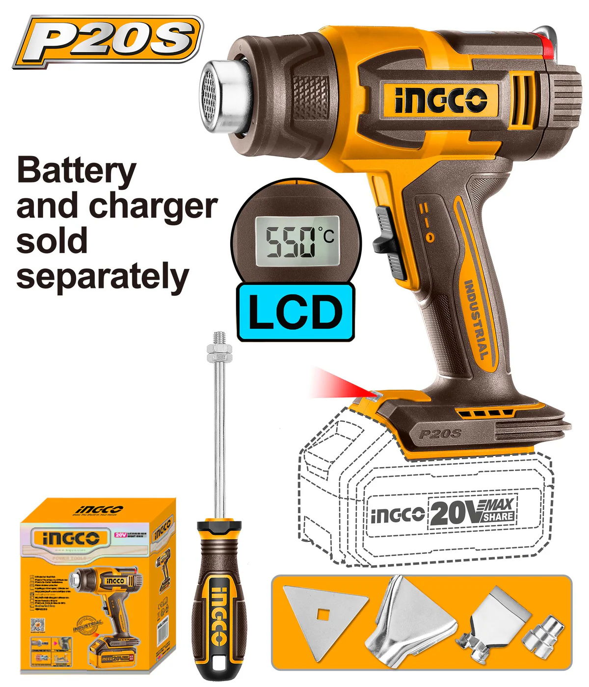PISTOLA DE CALOR 20v TEMPERATURA Y VELOCIDAD VARIABLE+ACCESORIOS -INGCO HGLI2003