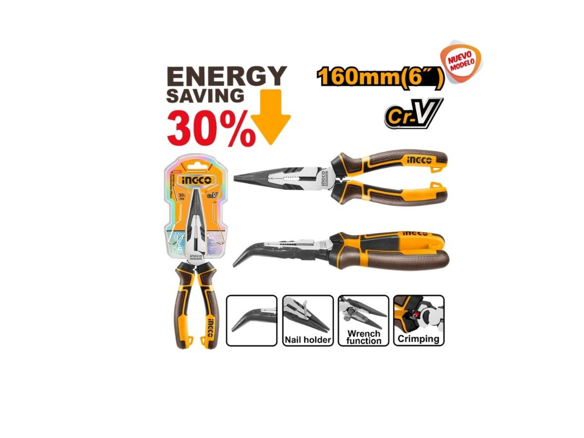 PINZA DE PUNTA CURVA GRAN PALANCA 6` /160MM-INGCO HHBNP28160