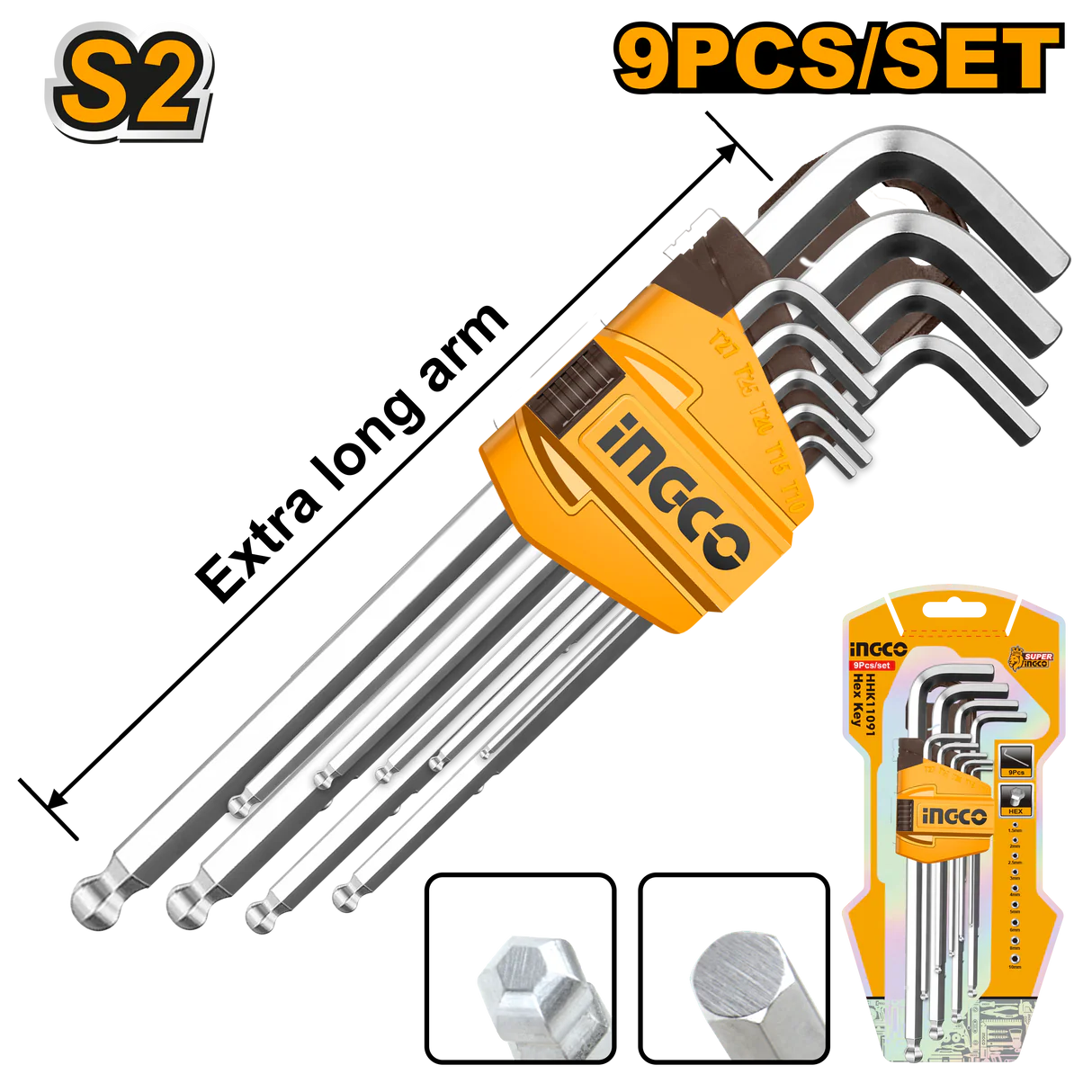 LLAVES HEXAGONALES PTA BOLA X 9PCS-INGCO HHK12092